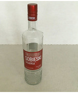 Empty Sobieski vodka bottle embossed glass bottle with red label bar decor  - $19.75