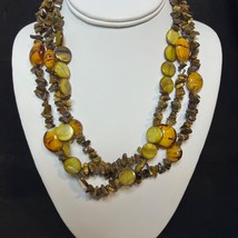 Triple Strand Gold Tone Tigers Eye And Glass Beaded Necklace (3743) - $15.00