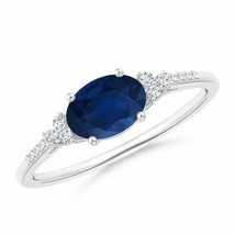 ANGARA Horizontally Set Oval Sapphire Solitaire Ring with Trio Diamond Accents - £842.42 GBP
