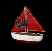 Sailboat Christmas Ornament Red Sail Wood Vessel 4&quot; Coastal Decor Cape S... - £36.90 GBP