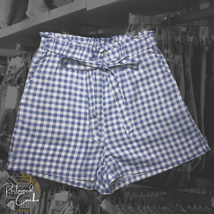 Good Luck Gem Womens Blue Gingham Print Paperbag Tie High Waist Shorts S... - $20.00