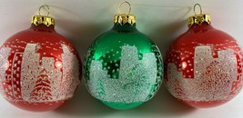 Vintage Lot 3 KREBS Red Green White Stencil Winter City Snowing Glass Ornaments - £19.73 GBP