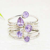 Natural Purple Amethyst Gemstone Ring, Birthstone Ring, 925 Sterling Silver Ring - £27.50 GBP