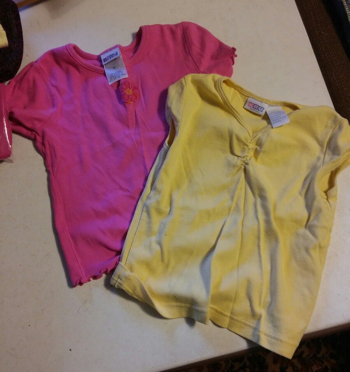 Primary image for 000 Lot of 2 Girls 5T Medium Shirts Yellow Pink KRU Okie Dokie Cute