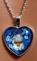 Bubble Heart shaped pendant w/Blue back of White Cat, Flowers w/ Chain included. - £19.51 GBP