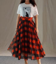 A-line Orange Plaid Tulle Midi Skirt Women Plus Size Fluffy Long Plaid Skirt image 2