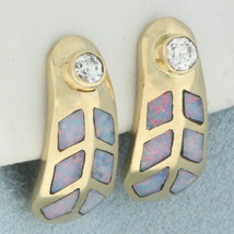 Diamond and Black Opal Inlay Earrings in 14k Yellow Gold - £952.27 GBP