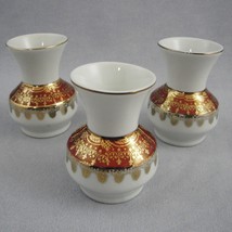 Leart Pomerode Brazil Porcelain 3pc Mini Bud Vase Set Gold Maroon Medallion 2.5&quot; - £18.80 GBP