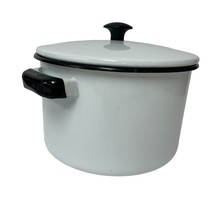 Enamelware Stock Pot And Lid White With Black Trim Vintage Nice - $24.58