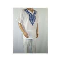 Mens 2pc Stacy Adams leisure suit Linen Cotton With Embroidery 3670 White Blue image 5