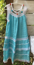 Ecuador made Boho Girl&#39;s Sz. 6 Dress Aqua Lace Floral Crochet embellishd Peasant - £18.91 GBP