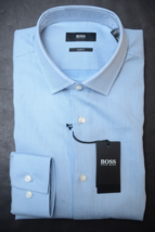 HUGO BOSS Homme Jenno Slim Fit Ouvert Bleu Rayé Coton Robe Chemise 38 15 - £50.82 GBP