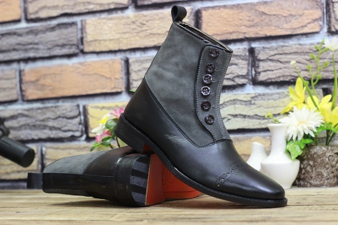 Men's New Handmade Leather Shoes Black Leather & Grey Suede High Ankle Stylish