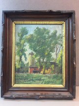 Framed Oil Painting of Red Barn with Silo Signed by ANDRE Dark Frame Gilt Rim - £79.12 GBP
