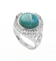 Turquoise &amp; White Topaz Textured Sterling Silver Ring Size 10 - £67.04 GBP
