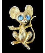 Vintage Gold Tone Mouse Blue Rhinestone Eyes Brooch Pin Signed JJ - $11.83