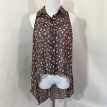 Cat Print Sleeveless Collared Sheer Top High Low Hem Sz Large - $12.73
