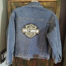 Harley Davidson Womens Patch Logo Distressed Jean Jacket Size L 14/16 $285 NICE! - £93.48 GBP