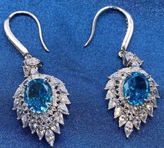 3.60Ct Oval Simulated Blue Topaz Halo Drop/Dangle Earrings14K White Gold Plated - £143.65 GBP