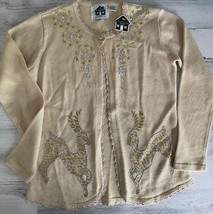 Storybook Knits Open Cardigan Sweaters Womens Small Ivory Beaded Reindee... - $34.19