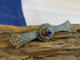 Vtg Sterling Silver Marcasite Brooch 7.39g Fine Jewelry Round Blue Stone... - £23.42 GBP