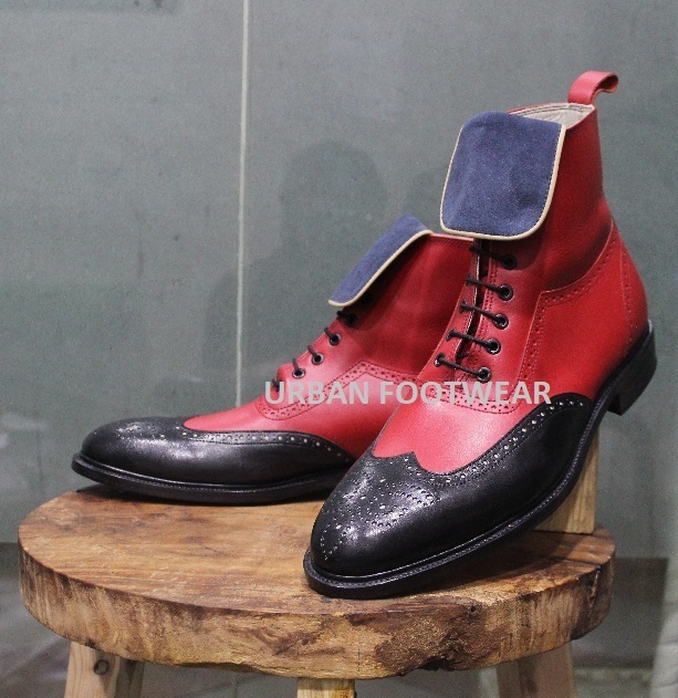New Mens Handmade Stylish Formal Boot, Red & Black Leather Casual Wear
