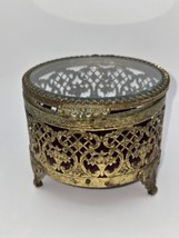 Antique Ornate Round Brass Jewelry Casket with Beveled Glass - $73.36