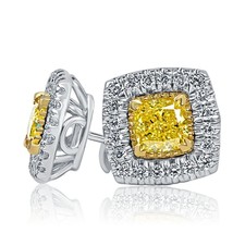 Natural Fancy Yellow Cushion Cut Diamond Stud Earrings 14k White Gold (1... - £2,648.87 GBP