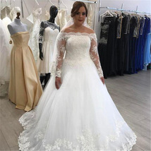 Long Sleeves Plus Size A-line White Tulle Wedding Dress Off Shoulder Bri... - $189.00