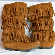 Minnetonka 1632 Moccasins 3 Layer Fringe Calf High Boot Womens US Size 6 Brown - £23.46 GBP