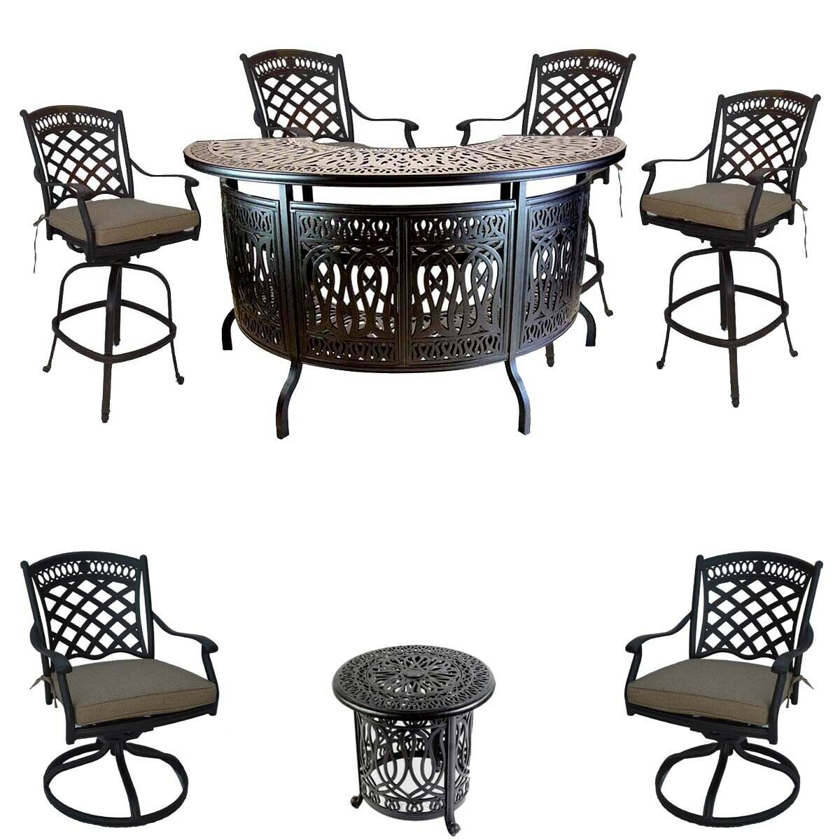 8 piece patio cast aluminum party bar and swivel bistro set with Sunbrella seats - $3,795.00