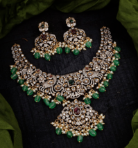 Indian Bollywood Style CZ Gold Plated Victorian Necklace Green Pearl Jewelry Set - £213.92 GBP