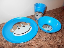 New Plastic Monkey Chimp 4 pc Set Plate Bowl 2 cups Blue - $11.88