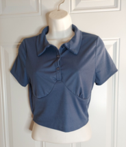 LOVE J Short Sleeve 1/2 button down Blue Crop Top Blouse Size Medium Junior - $6.64