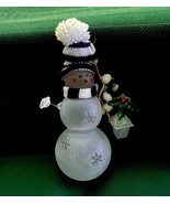 Vintage Snowman Ornament w Blue Plush Striped Knit Hat &amp; Scarf Carrying ... - $9.70 CAD