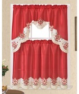 POINSETTIAS CHRISTMAS RED AND BEIGE EMBROIDERY KITCHEN CURTAIN 3 PCS SET - $21.78