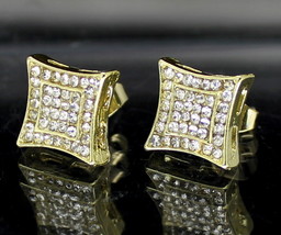 Men Women CZ Earrings Kite Design Iced 12mm Studs 14k Gold Plated HipHop Fashion - £7.98 GBP