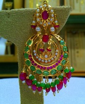 22K Yellow Gold Handmade Designer Jadau Ruby Emerald Stone Earrings Dangling - £3,540.16 GBP