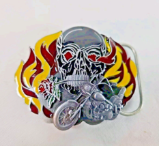 Vintage Biker Flaming Skull Rose Painted Enamel Pewter Belt Buckle 1991 ... - $312.74 MXN