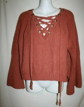 Hi Lo Fall Sweater Juniors MEDIUM Rust Orange Chunky Knit Lace Up Bell S... - $10.00