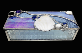Stained Glass Jewelry Box Seashells Faux Gems Iridescent Textured Blue 7.5&quot; - £54.81 GBP