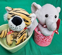Mini Stuffed Animals Elephant Tiger Plush Valentines Gift Set Ceramic Glass - $9.67