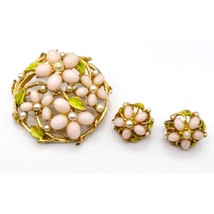 Vintage ART Dogwood Flowers Parure, Gold Tone with Enameled Leaves Brooch - £75.79 GBP