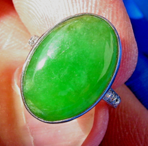 Earth mined Imperial Green Jadeite JADE Deco Engagement Ring Platinum Diamond - €136.984,26 EUR