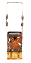 Wine Bottle Carrier Holder Fall Metal Leaves &amp; Handle, Wicker Base 13&quot;H 4&quot;W EUC - £7.16 GBP