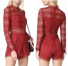 Saylor Lace Crochet Eyelet Semi Sheer Romper Wine Burgundy Dark Red Size M - $39.50