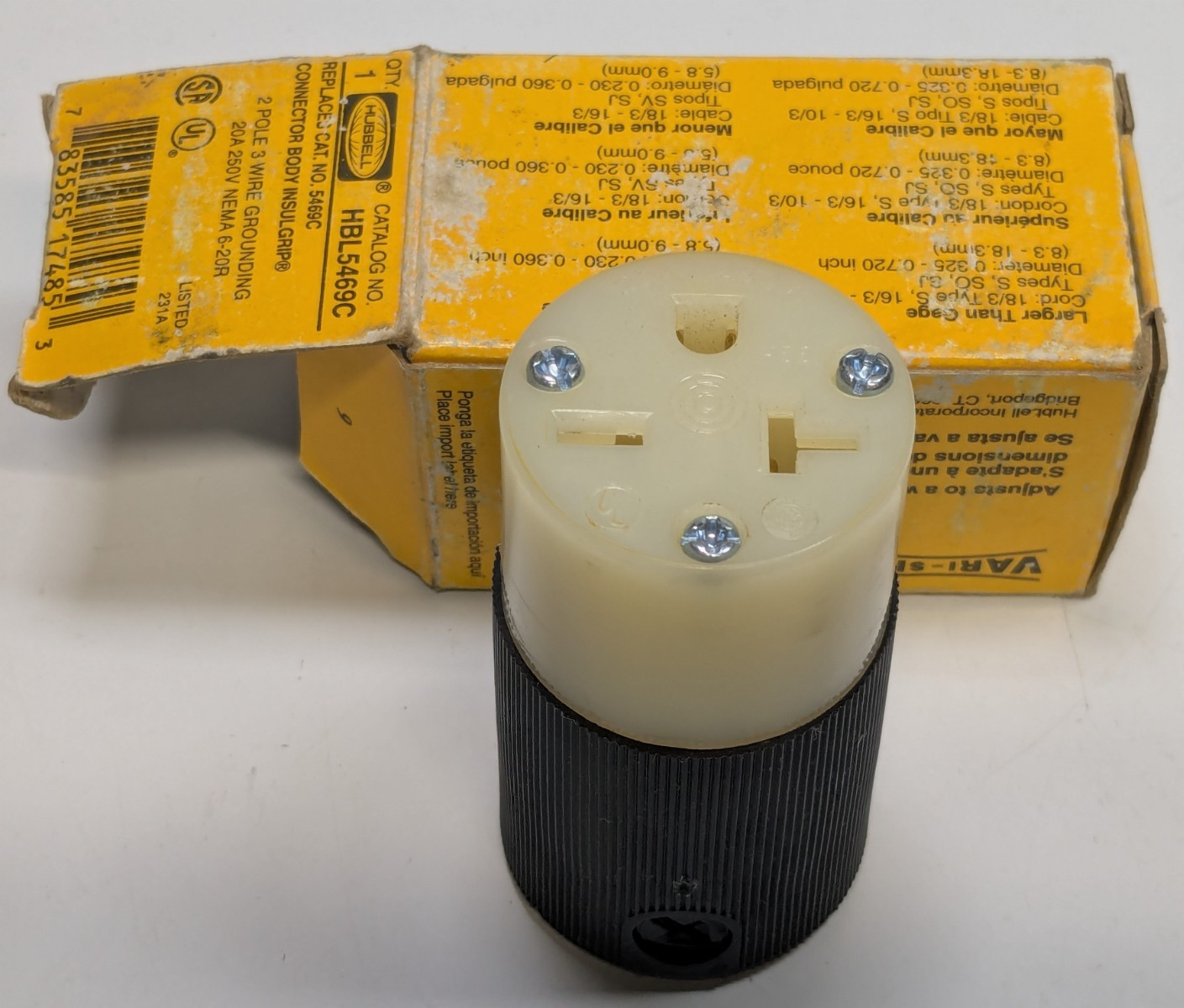 New Hubbell 5469C, 250 VAC, 20A, 2-P, 3-W, 6-20R Straight Blade Connector - $14.84