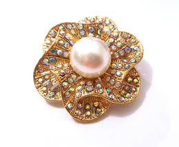 2pcs Rose Gold plated Layer Flower Faux Pearl &amp; AB Stone Rhinestone brooch B516 - £8.78 GBP