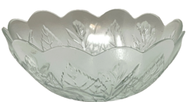 Vintage Frosted Glass Floral Rose Embossed Bowl With Scalloped Edge 9" Indonesia image 3