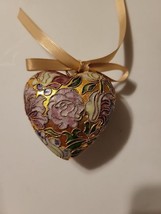 Cloisonne Heart Asian Chinese Blue and Pink Flowers with Gold 2&quot; Tall - $22.24